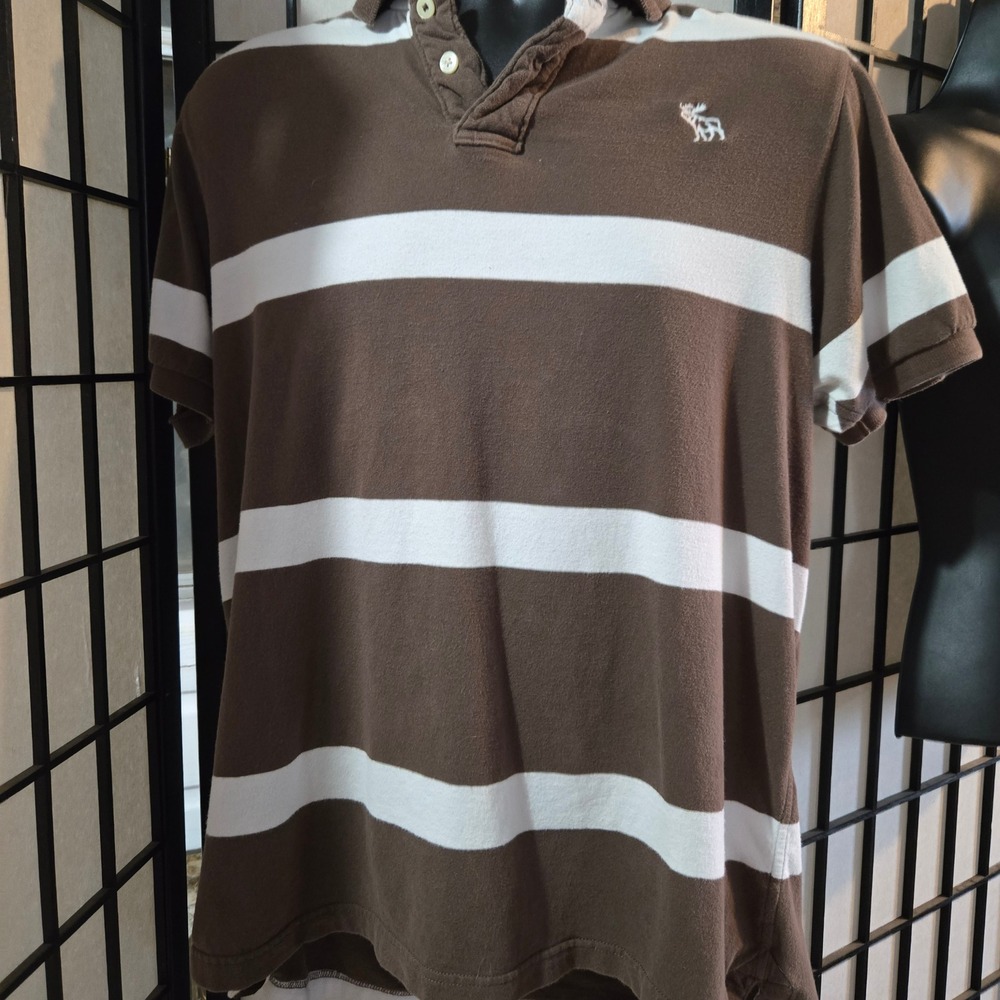 Abercrombie & Fitch Mens Brown White Striped Short Sleeve Polo Shirt Moose Logo